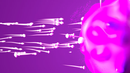 Close-up of glowing white sperm cells approaching a vibrant pink ovum on a purple backgroundの写真素材