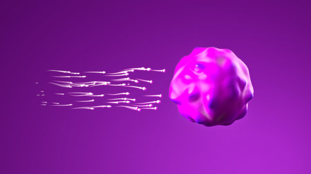 Minimalist 3D render of glowing white sperm cells approaching a magenta ovum on a purple gradient backgroundの写真素材