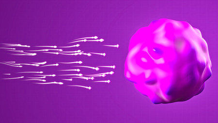 Digital illustration of white sperm cells swimming toward a vibrant pink ovum on a textured purple backgroundの写真素材