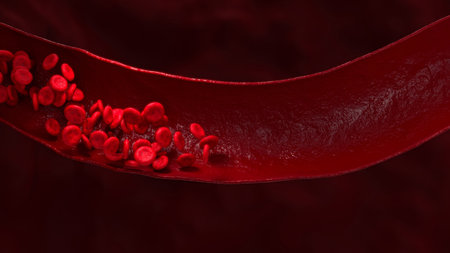 Closeup 3D render of red blood cells moving inside a cross-section of a blood vessel