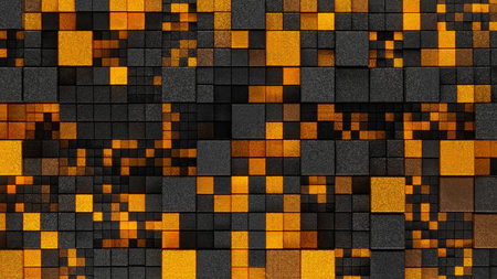 Square tiles abstract background with glowing orange cubes and dark metallic textureの写真素材