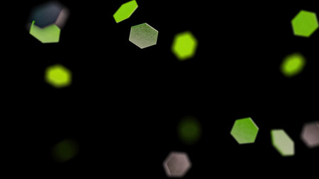 Abstract dark technology background with floating green metallic hexagons and blurred bokeh geometric shapesの写真素材