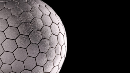 Futuristic silver metallic sphere with textured hexagonal armor plates on black background with copy...