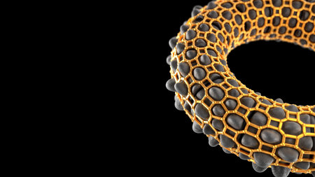 Abstract 3d render of golden wireframe torus with black rubber texture bulging through geometric...