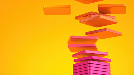 Colorful geometric cascade. Flowing colors over vertical structure. Bright tiles tumble over pink...
