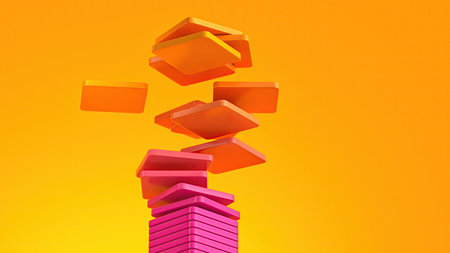 Abstract 3d render of pink and orange rounded square blocks stacking and floating on yellow...