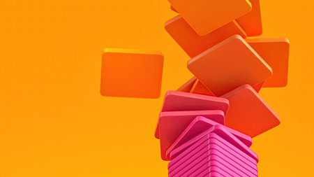 Abstract background with pink and orange square tiles stacking and dispersing upwards on a solid...