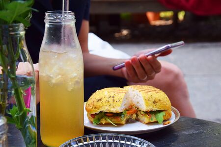 Summer outdoor breakfast on the terraceの写真素材