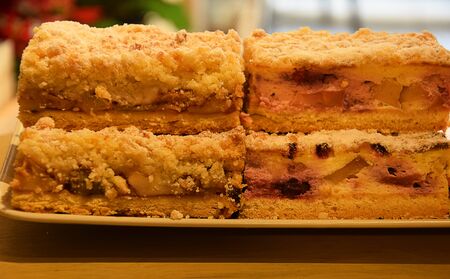 Sweet homemade rhubarb and berry cake, Delicious, closeupの写真素材