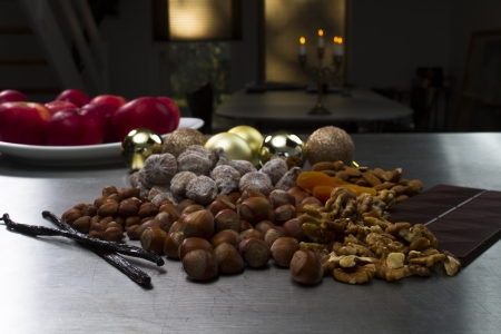 christmas food nuts dried fruits and chocolateの写真素材