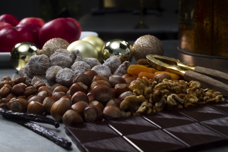 christmas food nuts dried fruits and chocolateの写真素材