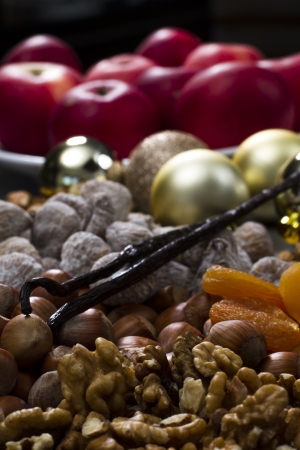 christmas food nuts dried fruits and chocolateの写真素材