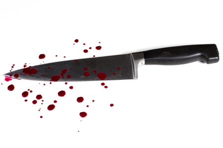 knife on white background with bloodの写真素材