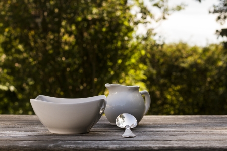 White bowl on wooden table in gardenの写真素材