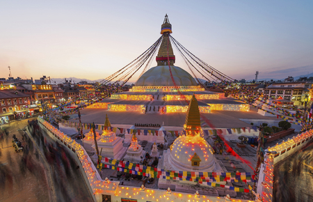 Sunset Boudhanath stupa and New Year Festival In Kathmandu Nepalの写真素材