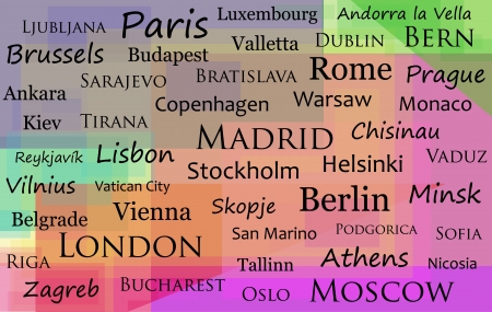 All the capital cities of Europe on a colourful backgroundのイラスト素材