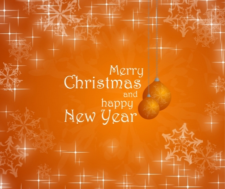 Merry christmas and happy New Year text on orange background, snowflakes, baublesの写真素材