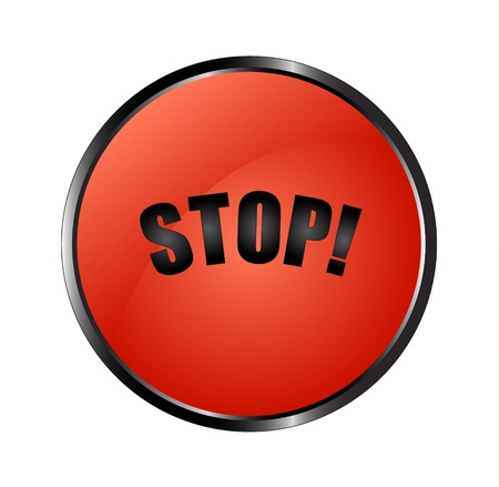 Realistic red button with a black sign stop の写真素材