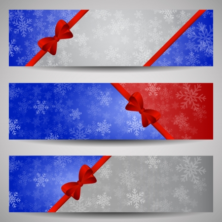 Set of blue, red and grey winter banners with red ribbon and snowflakesのイラスト素材