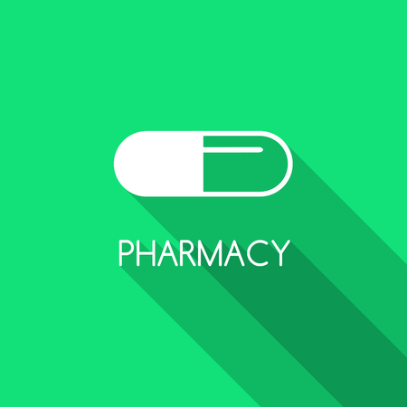 Pharmacy background. Capsule icon on green background. Capsule pill with PHARMACY text. Flat style design illustration with capsule.のイラスト素材