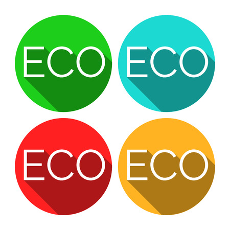 ECO vector stickers. Environmental themed stickers. Flat style design with long shadows. Eco stickers for product package. Green ecologic approach.のイラスト素材