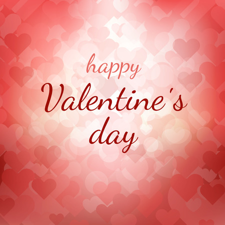 Happy Valentines Day gift card. Text on pink and red abstract blurred background.Holiday vector illustration with lights and hearts.のイラスト素材