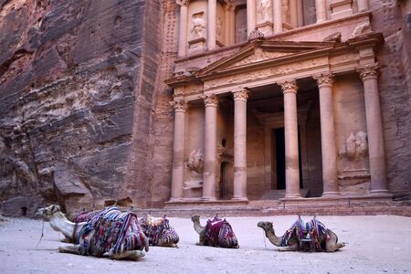Ancient rock city of Petra - Al-Khazneh - temple, treasury, canyon Siq, Jordanの写真素材