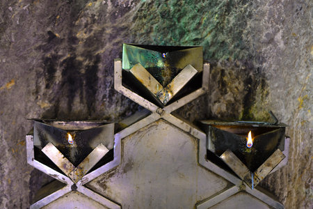 Chak Chak-Ardakan Zorastrian Shrine, interior with chalice and fire in mountains near Yazd city in...