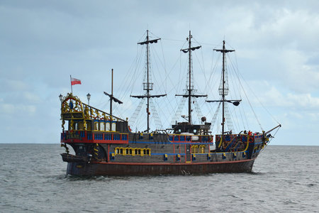 Sopot, Poland - September 28, 2018: Cruise pirate ship for tourists, wooden, colorful, Gdansk Bay,...
