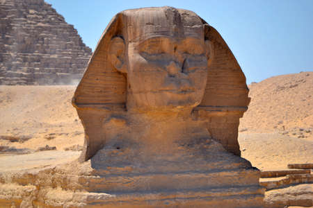 The Great Sphinx of Giza, a large statue in the form of an animal with a human head, detail of the head, Cairo, Egypt.のeditorial素材
