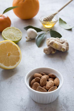 Healthy ingredients for strengthening immunity: lemon, ginger, honey, tangerineの写真素材
