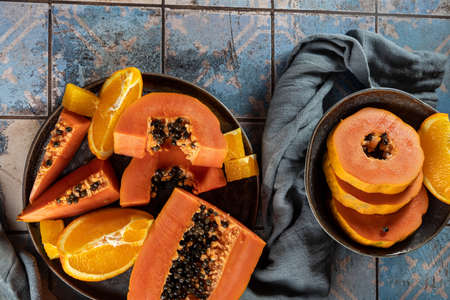 Papaya fruit, sweet ripe fresh papaya, raw vegan foodの写真素材