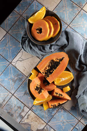 Papaya fruit, sweet ripe fresh papaya, raw vegan foodの写真素材