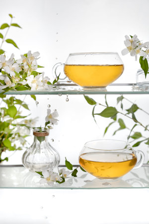 Jasmine tea on a glass shelf .Two transparent cups with green tea and white flowers .の写真素材