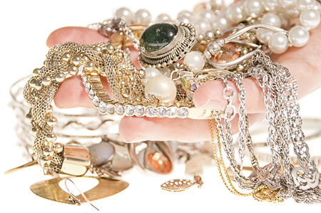 Jewelry on hand on a white background.の写真素材