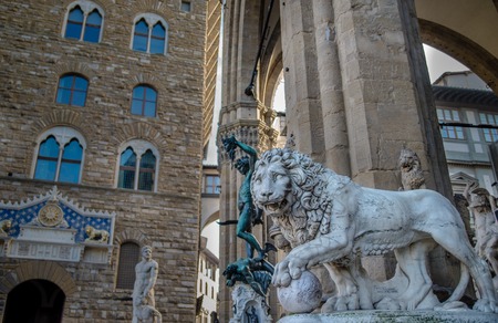 Details of the Loggia dei Lanzi statues in Piazza Signoria in Florenceのeditorial素材