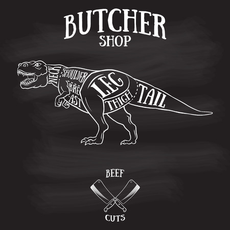 Butcher cuts scheme of dinosaur.Hand-drawn illustration of vintage styleのイラスト素材