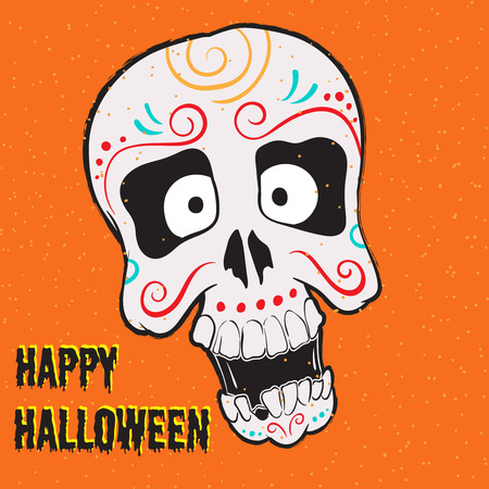 Halloween frightened skull on orange background.Vector illustration.のイラスト素材