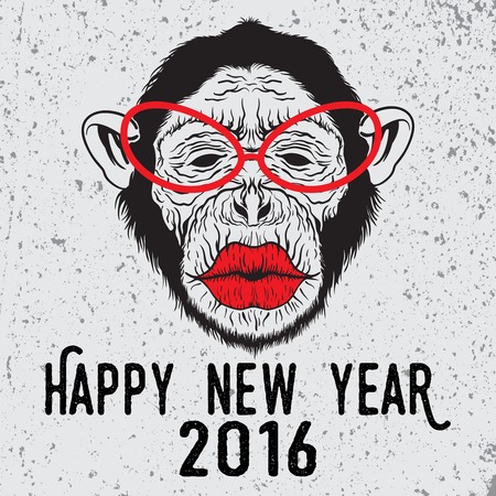 Hand drawn illustration on hipster chimpanzee monkey with glasses who want to kiss. Merry Christmas and Happy New Year typography design for placard design, posters, fashion print and t-shirts.のイラスト素材