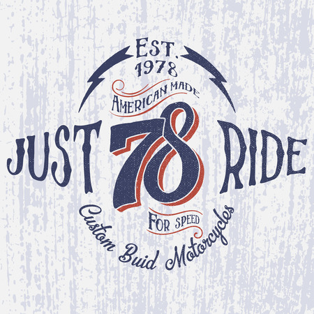 Retro motorcycle logo with inscription-Just Ride. Hand drawn. For apparel t shirt fashion design and or other.のイラスト素材