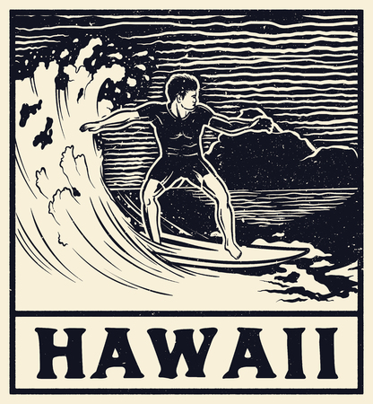 Hawaii typography for t-shirt print , vector illustration. Monochrome vintage surf print design.のイラスト素材
