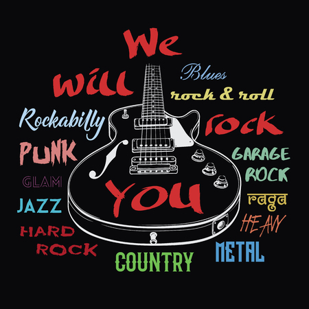Electric guitar hand drawn illustration. We Will Rock You sign. Rock music typography, tee shirt graphic,art poster.のイラスト素材