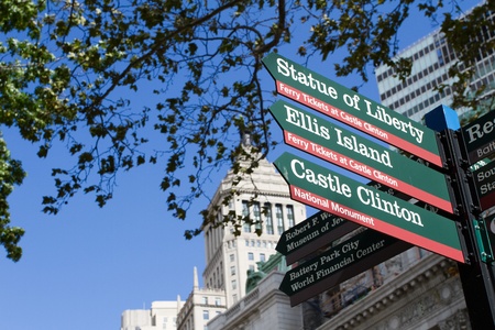 Road signpost after Ellis Island, New York, the place where the Statue of Liberty standsの写真素材