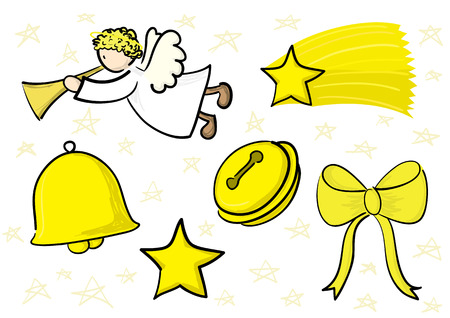 Golden decorations set: angel, falling star, bell, jingle bell, star, bowのイラスト素材