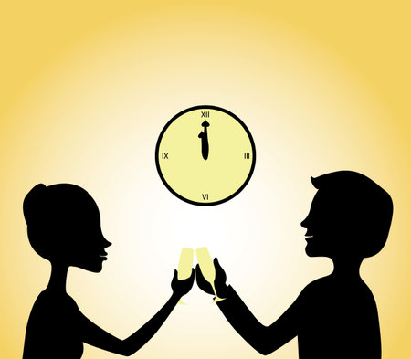 Vector silhouettes of couple toasting for the new year!のイラスト素材