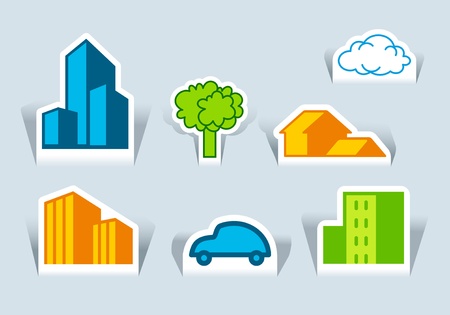 Symbols of buildings, tree and the carのイラスト素材