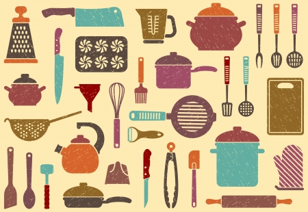 Seamless background with kitchen ware in retrostyleのイラスト素材