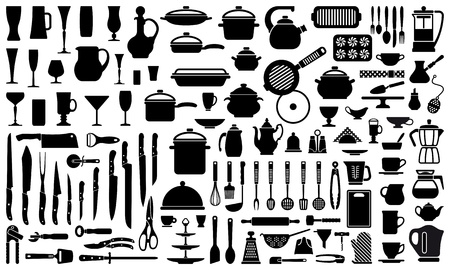 Silhouettes of kitchen ware and utensilsのイラスト素材