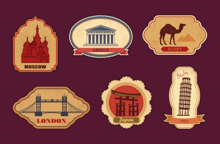 Stickers of travel  Moscow, Greece, Egypt, London, Japan, Italyのイラスト素材