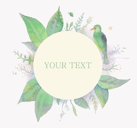 Watercolor Vintage floral card with leaves and tropical birds with Place for Your Text.のイラスト素材